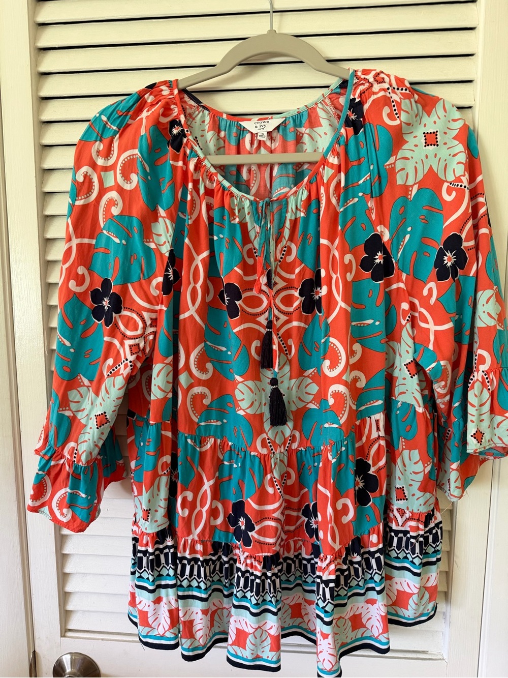 Crown & Ivy  Coral and Teal Floral Blouse